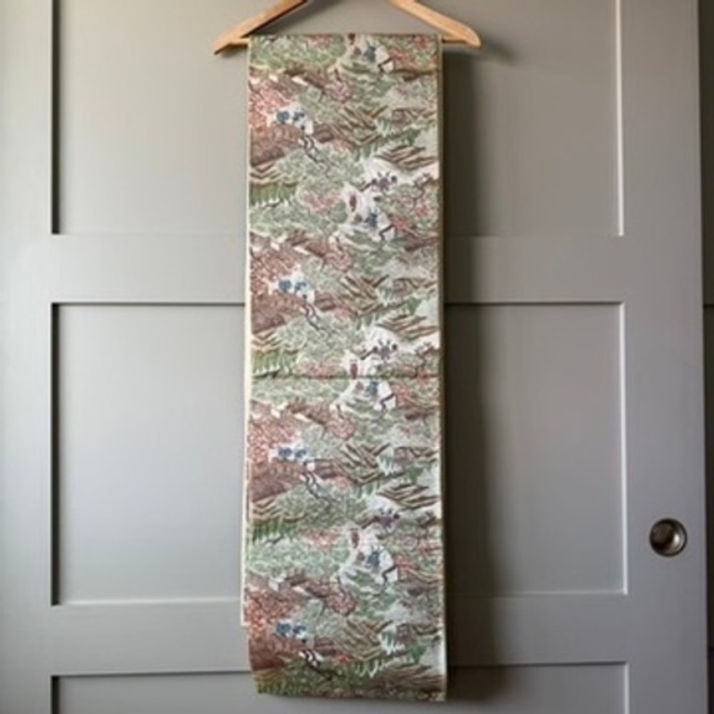Vintage Fukuro Obi Japanese Village Landscape Metallic Brocade Kimono Belt Silk